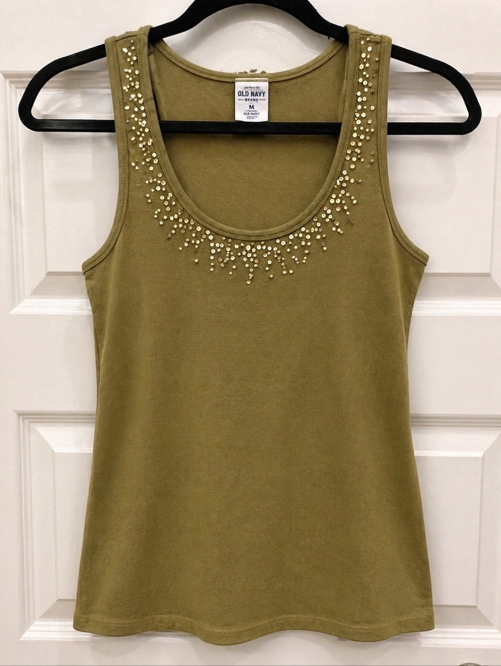 Old Navy Olive Green Sequin Trim Tank Top Medium Casual Stretch Summer Top